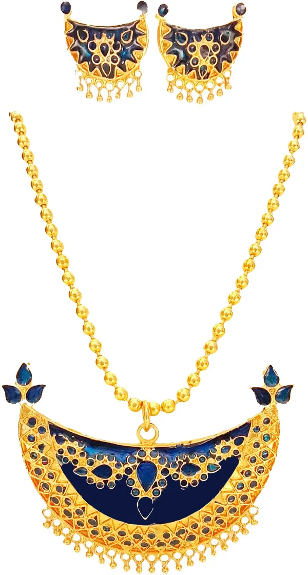 Assamese_Traditional_Gold_Plated_Blue_Meenakari_Joonbiri_Chain_Jewellery_Set_For_Women_&_Girls